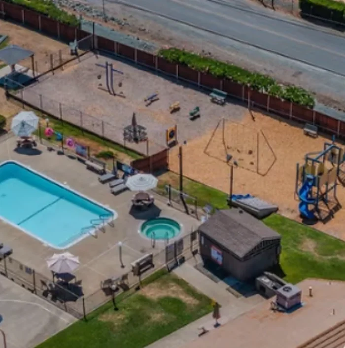 Community pool and park from above